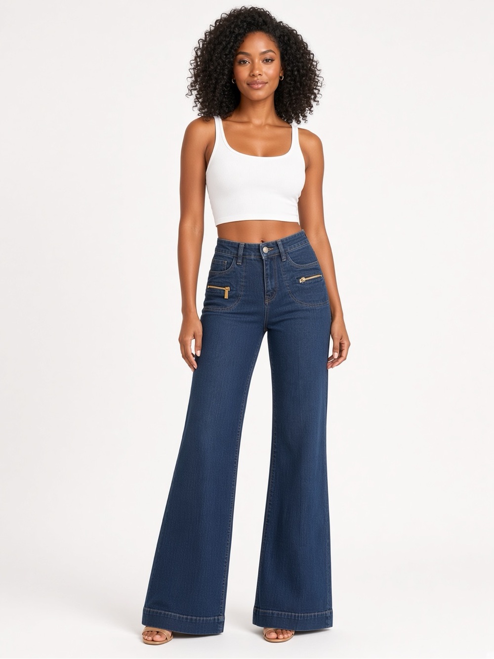 BARBRA BUI High-Rise Flare Jeans with Gold Zip Details - Dark Blue